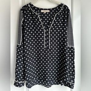 Loft Women Black White Floral Long Sleeve Tunic Blouse Medium